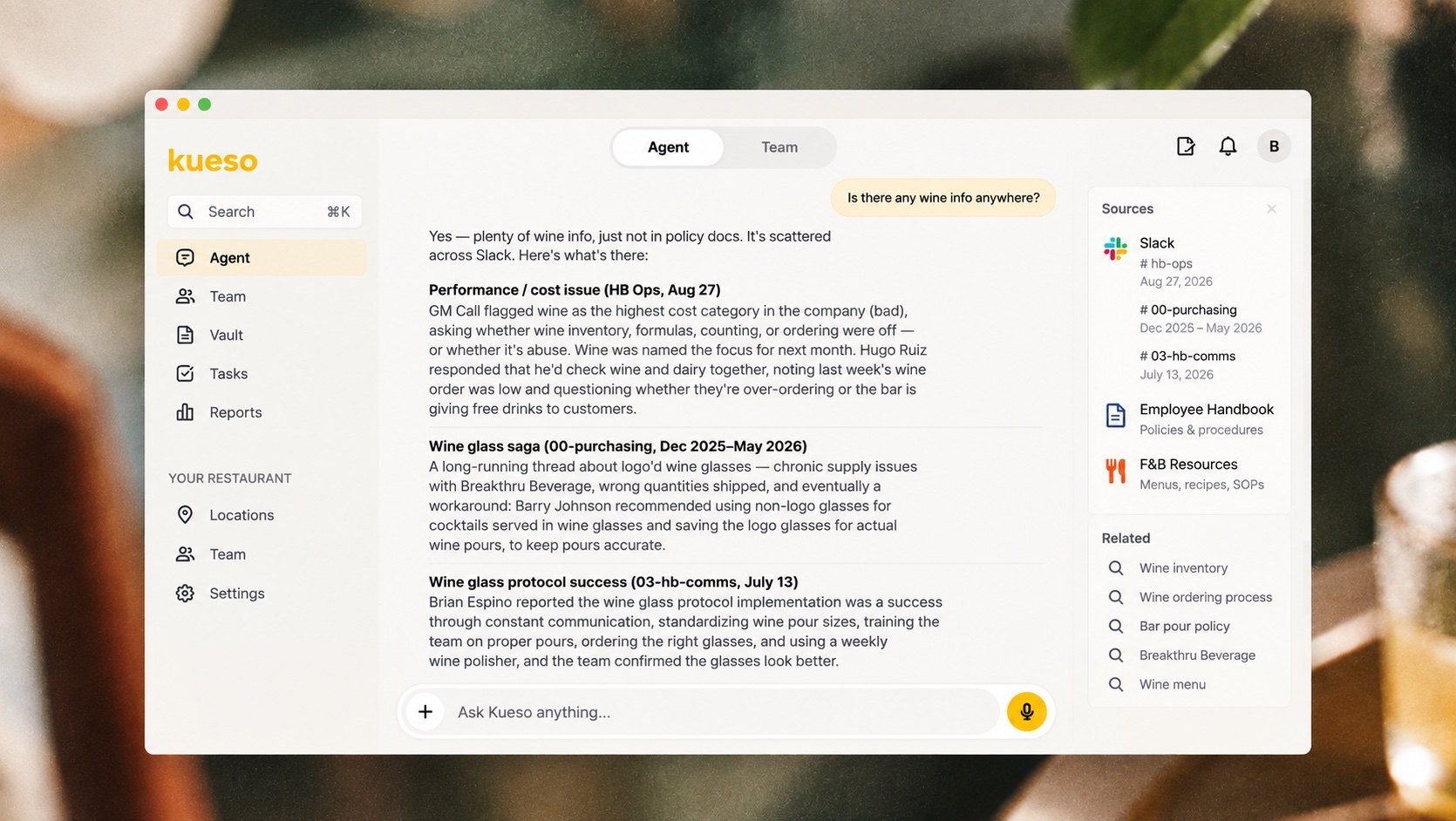 Kueso Agent answering from Slack and handbook on desktop
