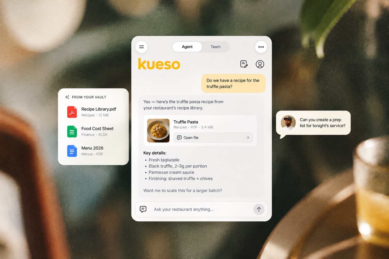 Kueso Agent answering from Slack and handbook on a phone