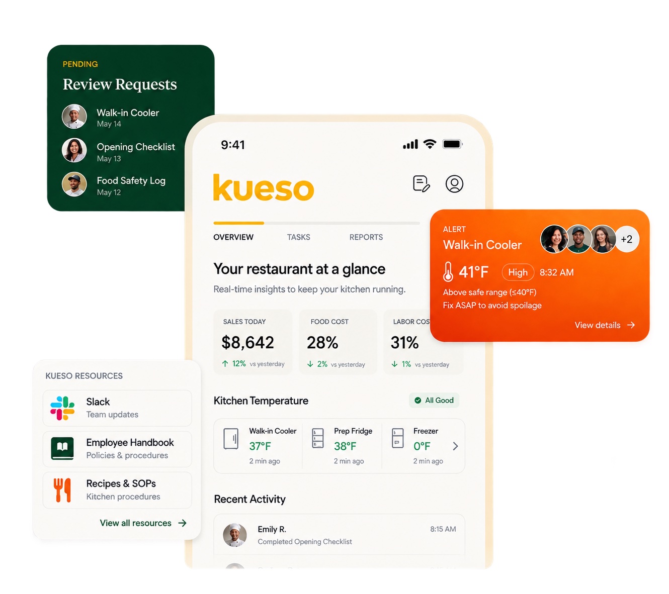Kueso on a phone, with review requests, a walk-in alert, and resources around it