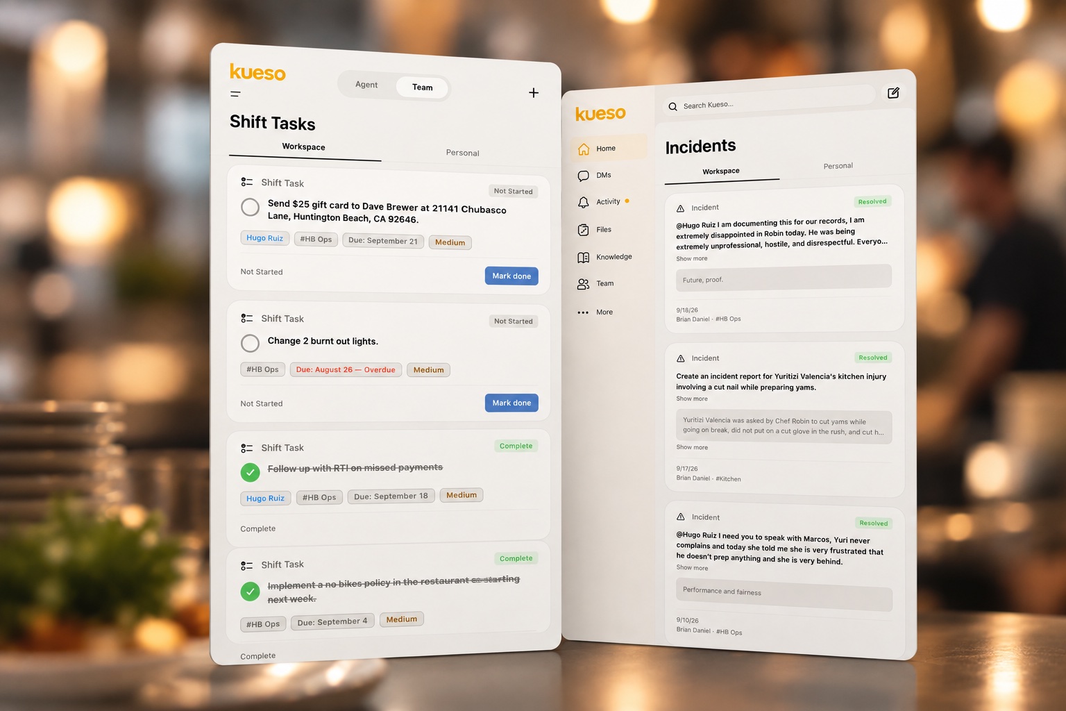 Kueso Shift Tasks and Incidents on two tablets