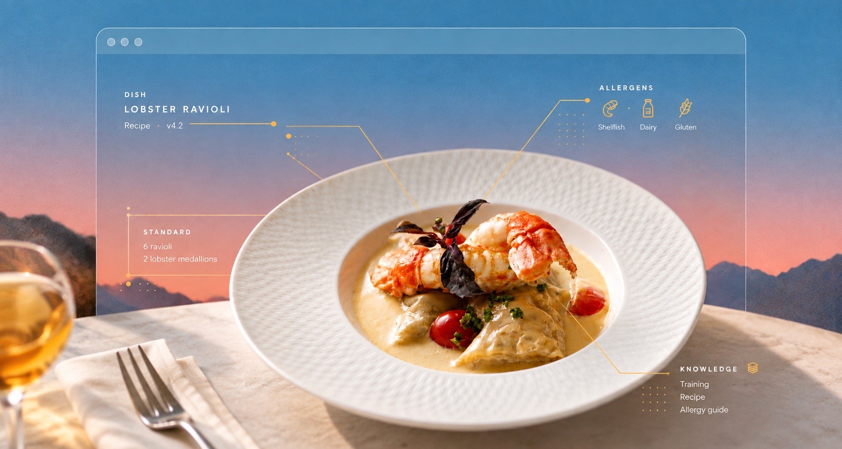 Lobster ravioli with recipe, allergen, and knowledge callouts