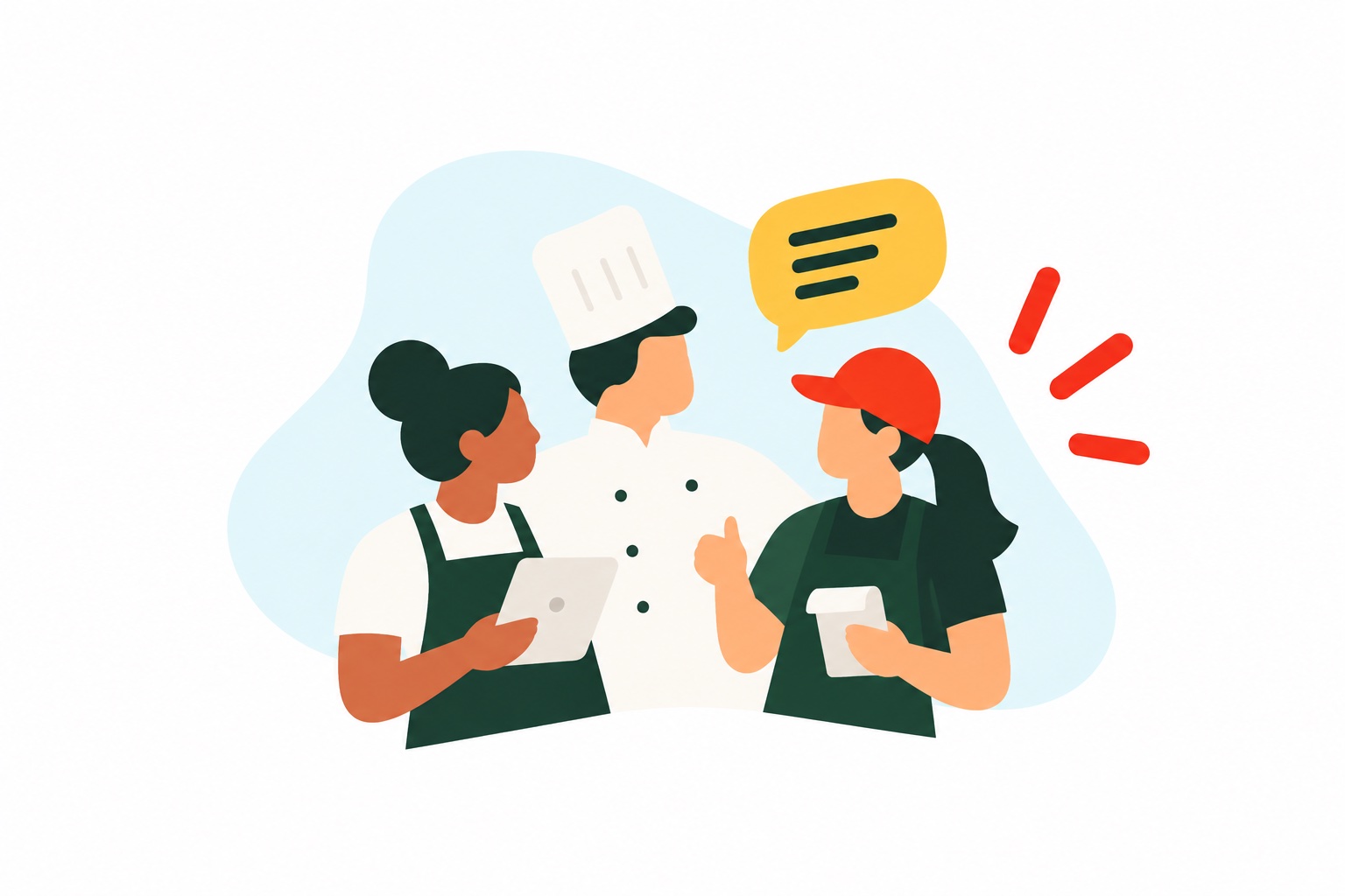 A chef and teammates talking through the shift