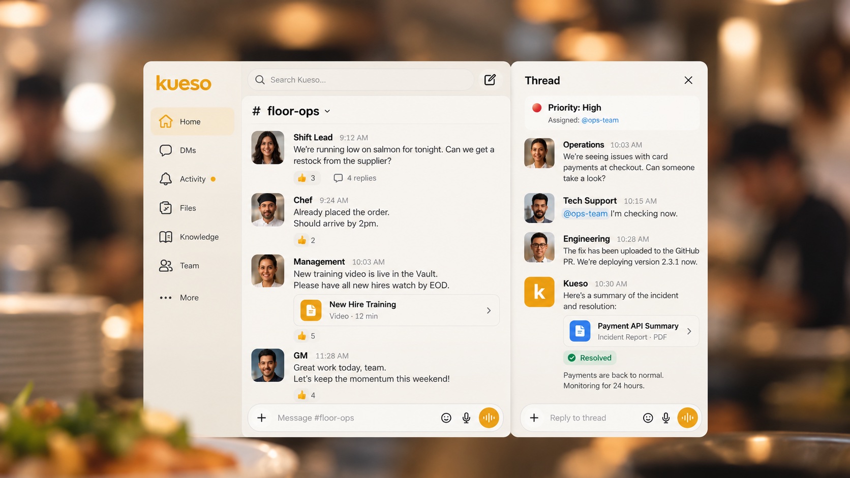 Kueso Team: a floor channel and thread, with the agent in the work