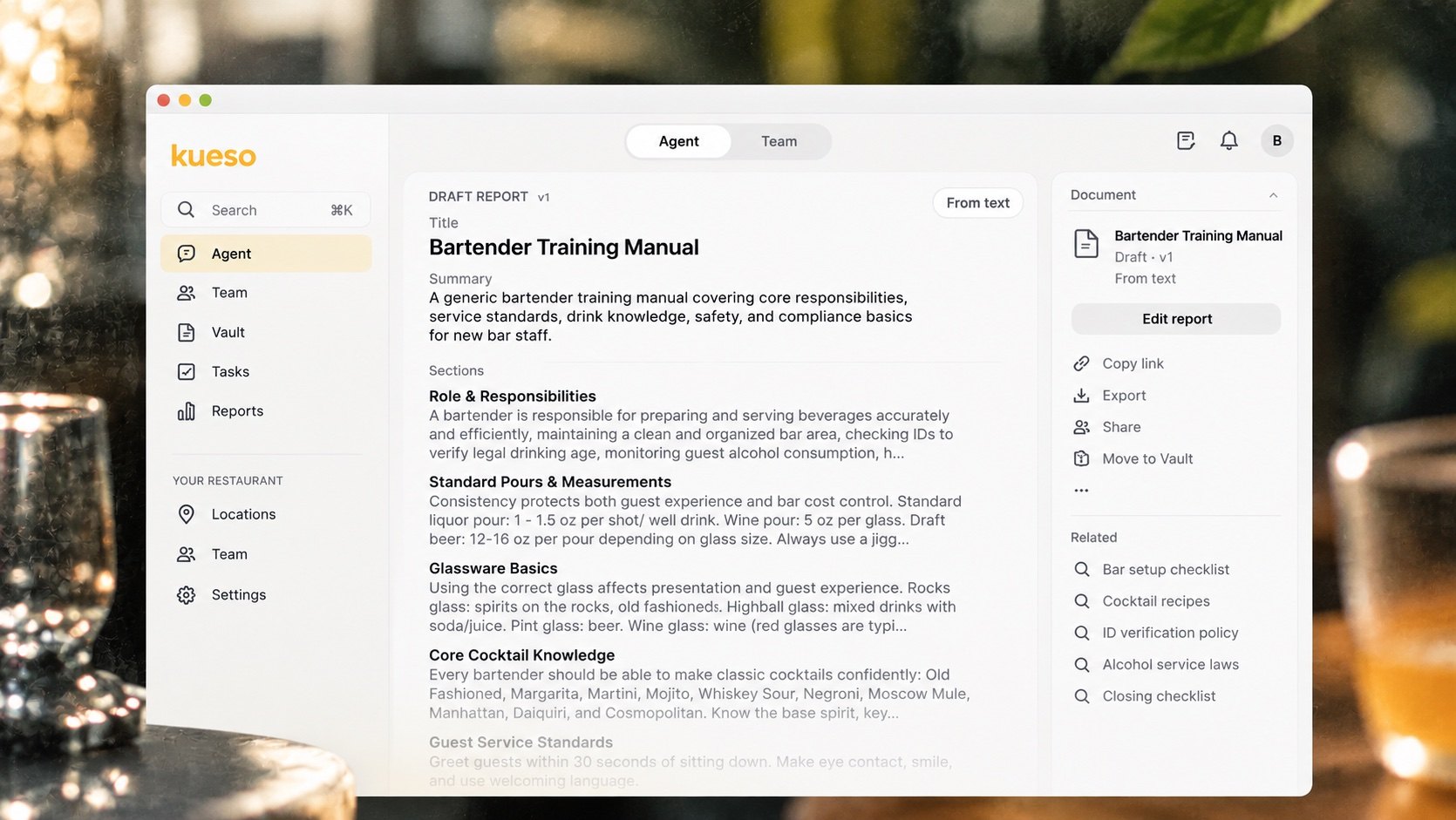 Kueso Agent drafting a bartender training manual on desktop
