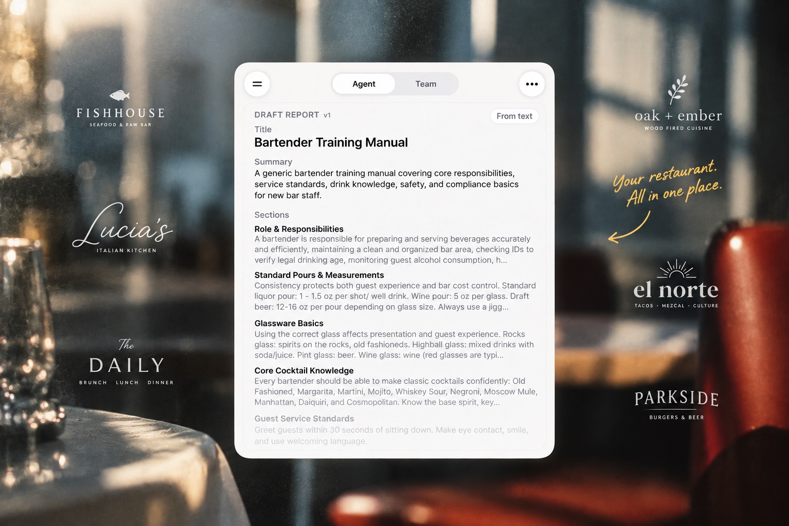 Kueso Agent drafting a bartender training manual on a phone