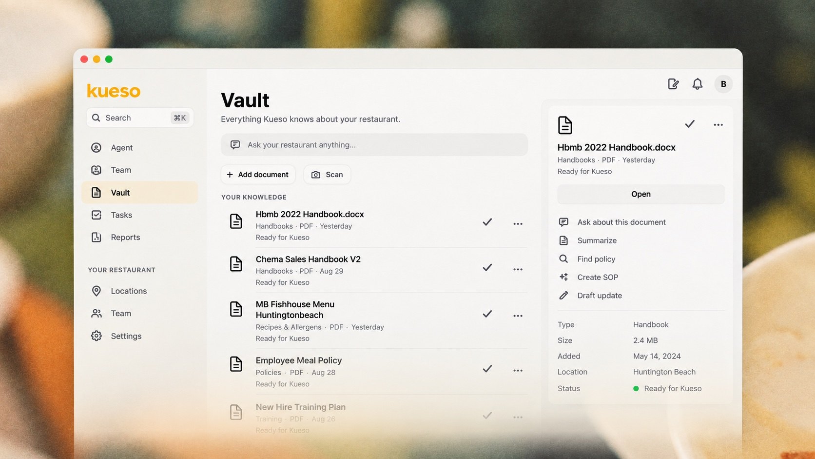 Vault on desktop: everything Kueso knows about your restaurant